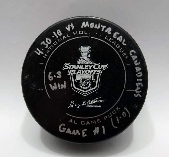 4-30-10 Playoffs Pittsburgh Penguins vs Canadiens Game Used Puck Fleury Win