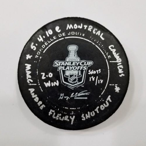 5-4-10 Playoffs Penguins at Montreal Canadiens NHL Game Used Puck FLEURY SHUTOUT