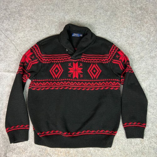 Polo Ralph Lauren Mens Sweater Extra Large Black Red Snowflake Shawl Fair Isle