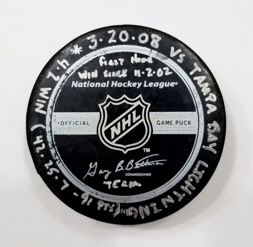3-20-08 Pittsburgh Penguins vs Lightning Game Used Puck 1st Home Win since 2002
