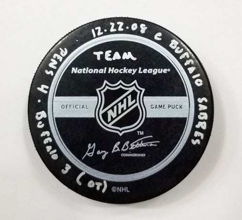 12-22-08 Penguins at Buffalo Sabres Game Used Hockey Puck Cup Year Crosby GWG