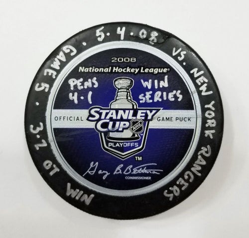 5-4-08 PLAYOFFS Pittsburgh Penguins vs Rangers Game Used Hockey Puck SERIES WIN