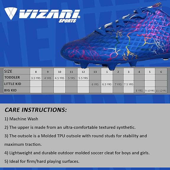 Vizari Kid's Zodiac JR FG Firm Outdoor Soccer Cleats | Blue Size Youth-9 | VZSE93421Y-9