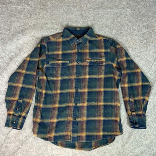 Orvis Mens Shirt Large Navy Gold Flannel Button Up Pockets Shacket Top Cabin