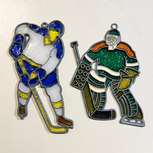 2 VINTAGE HOCKEY PLAYER STAINED GLASS CHRISTMAS TREE ORNAMENTS