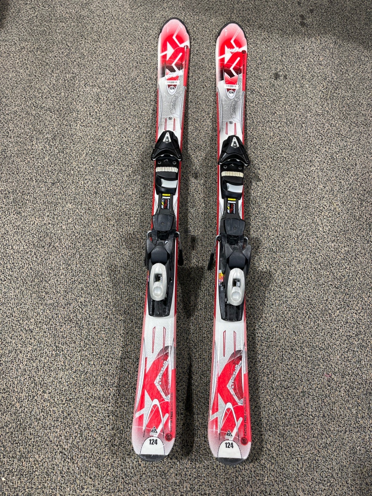 Used Kid's K2 AMP Strike Jr. 124 cm All Mountain Skis With Rental Bindings