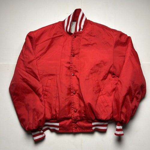 Vintage Red Nylon Satin Coach's Bomber Jacket Button Up Blank Men's Sz Medium