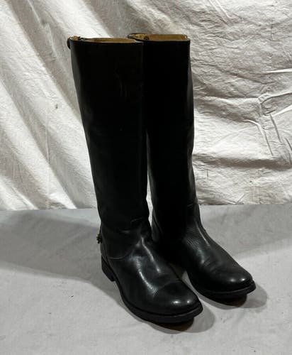 Frye Melissa Rear Zip Button Back Tall Black Leather Riding Boots US Women's 8 B