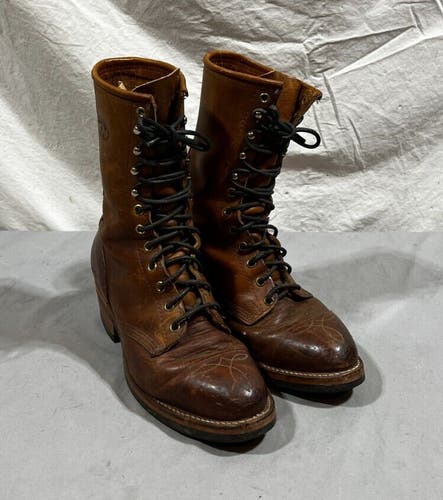 DD Tuff USA High-Quality Brown Leather Lace-Up Roper Boots US Men's 8