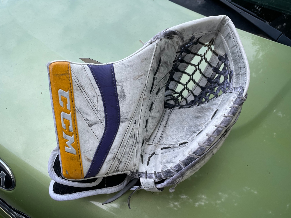 White, Purple, Gold Senior Used CCM Premier II Goalie Glove