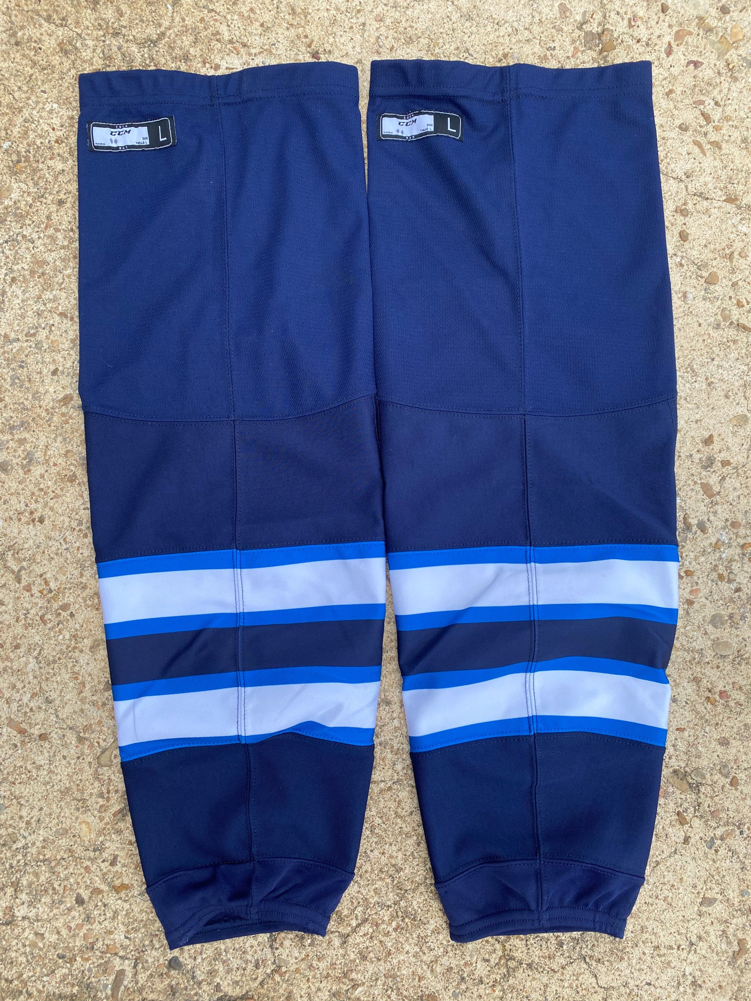CCM Edge Pro Stock Hockey Shin Pad Socks Cut Proof JETS Navy Blue 8455