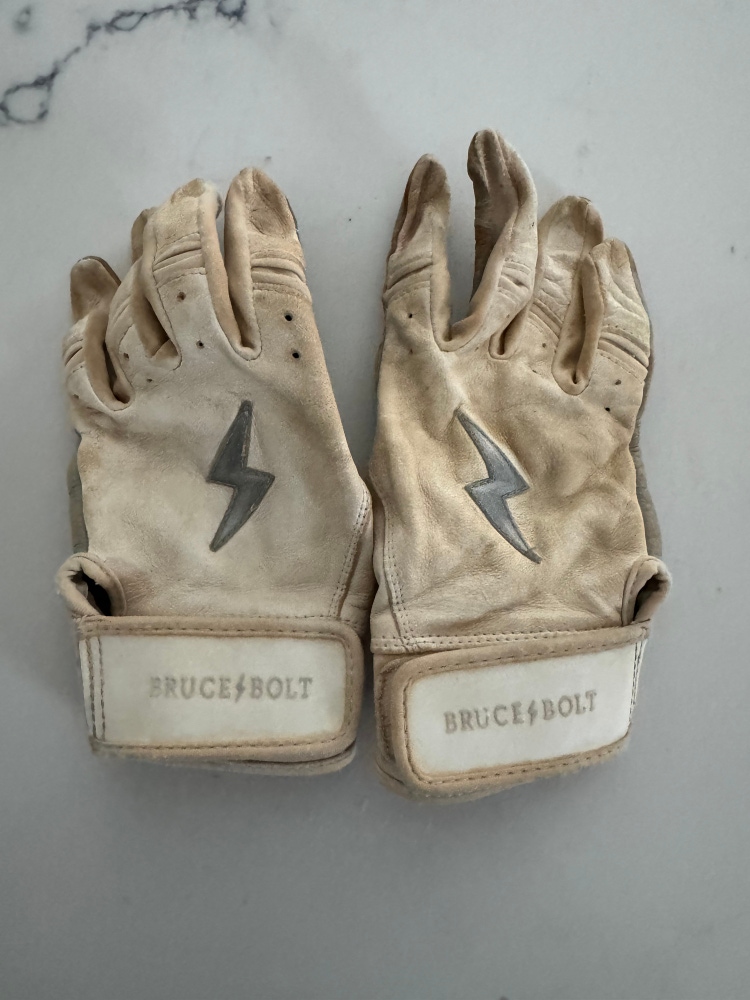 Used YOUTH LARGE Bruce Bolt Batting Gloves - White