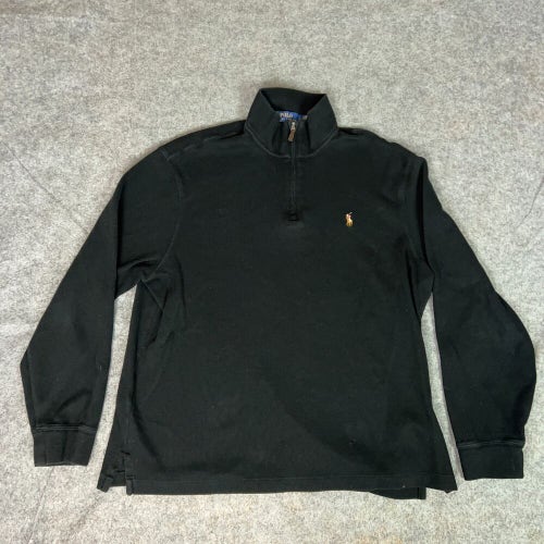 Polo Ralph Lauren Mens Sweater Large Black Colored Pony Pullover Quarter Zip Rib