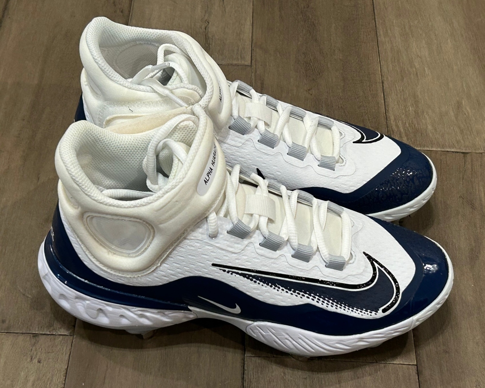 Size 7.5 Men’s Nike Alpha Huarache Elite 4 Mid White Navy Blue Baseball Metal