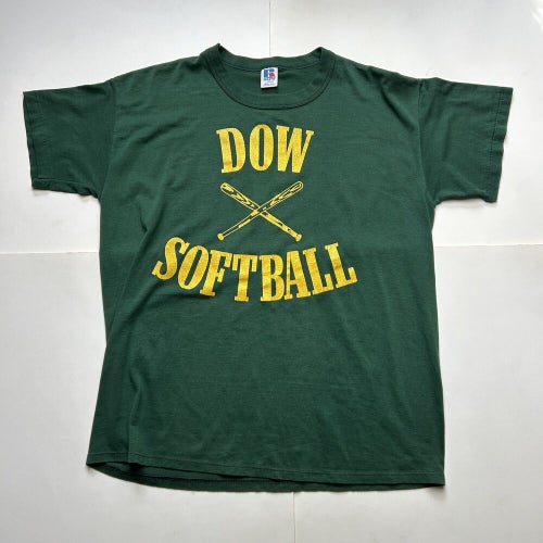 Vintage Dow High School Softball Graphic T-Shirt Midland Michigan Green Sz L