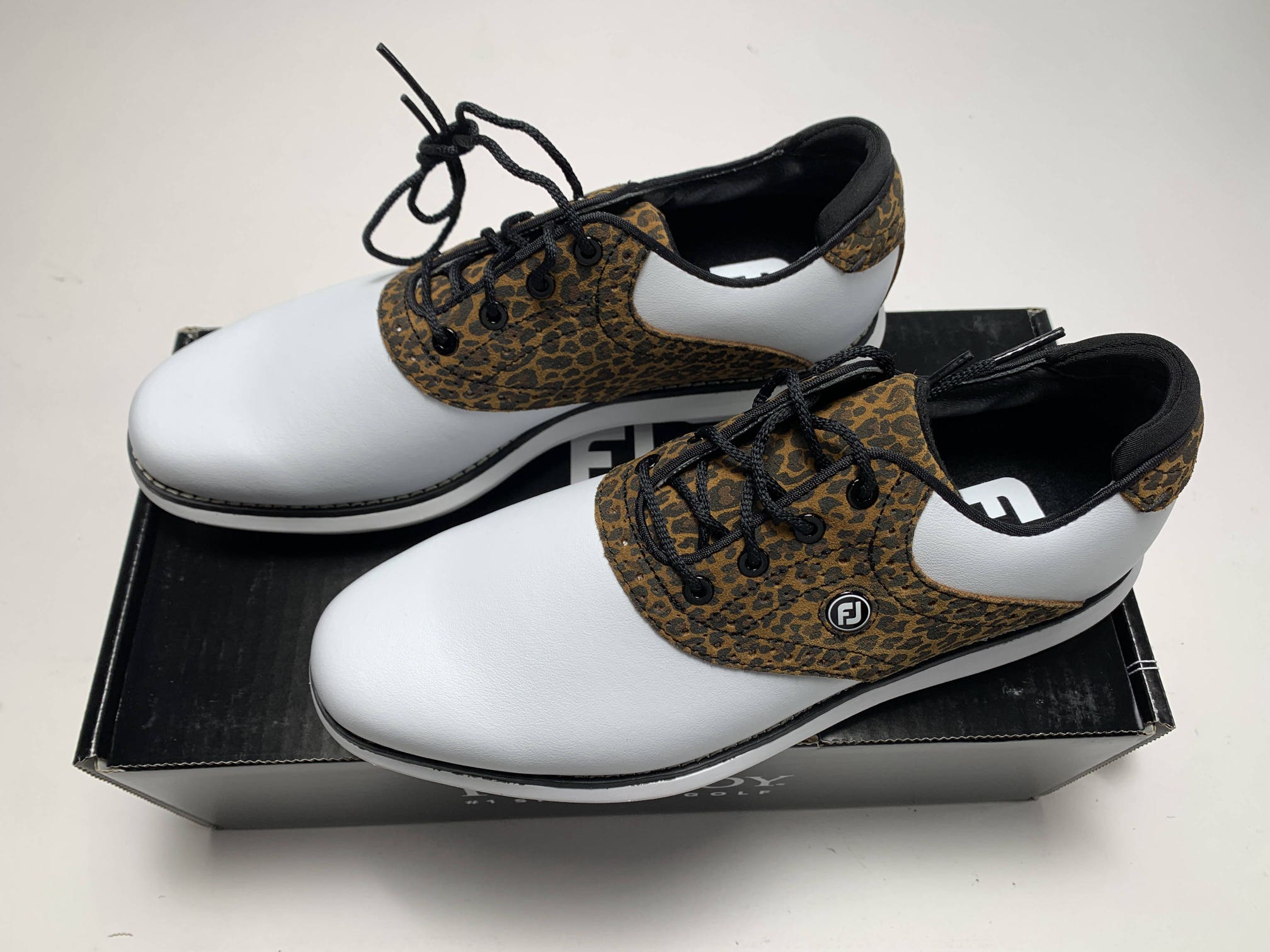 FootJoy FJ Traditions Golf Shoes White Brown Leopard Women's SZ 8 (97923)