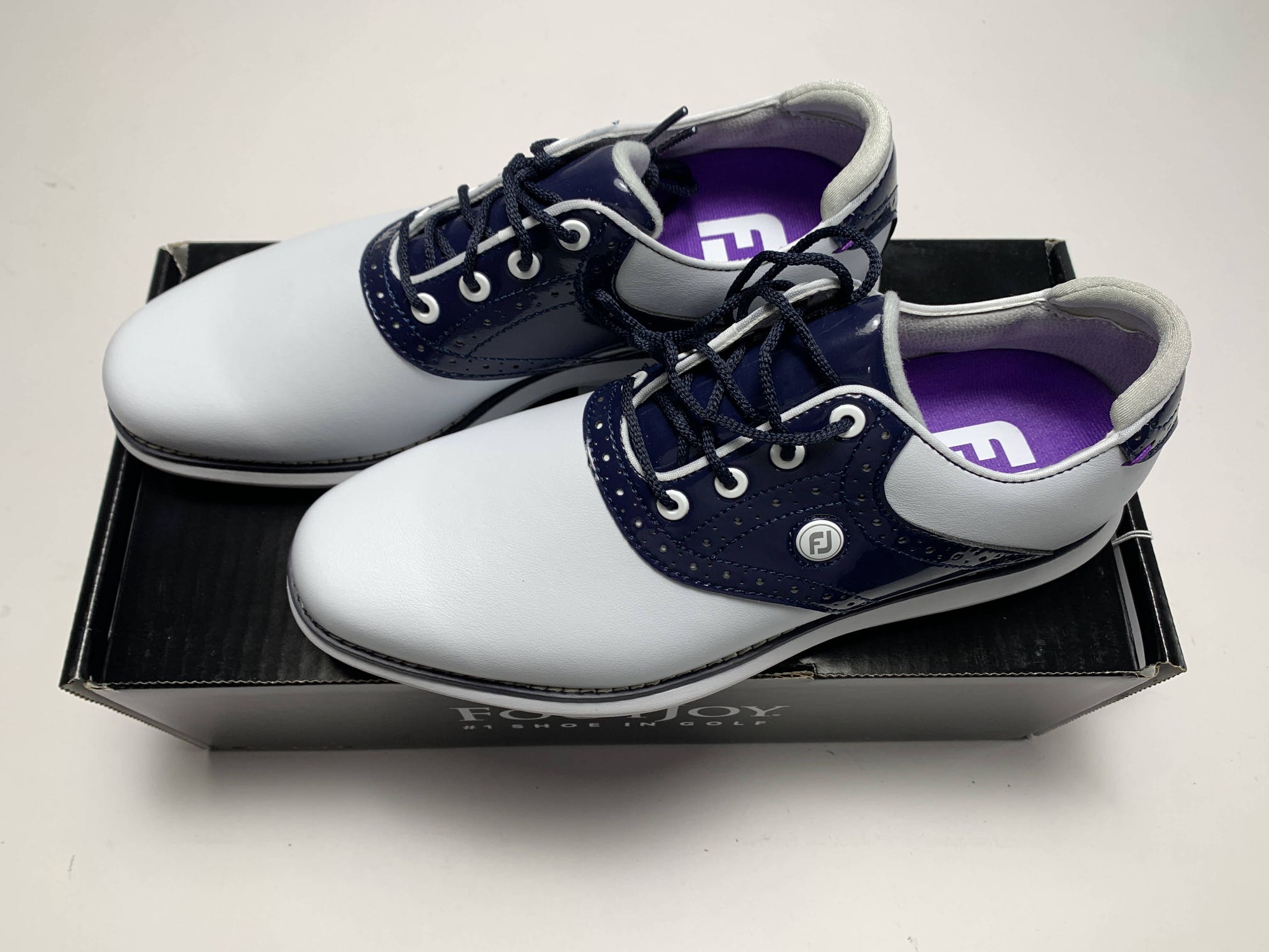 FootJoy FJ Traditions Golf Shoes White Navy Patent Women's SZ 7.5 (97899)