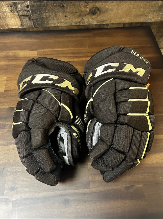 Hershey Bears Chocolate Game Used Pro Stock CCM 14 Inch Pro Stock Gloves
