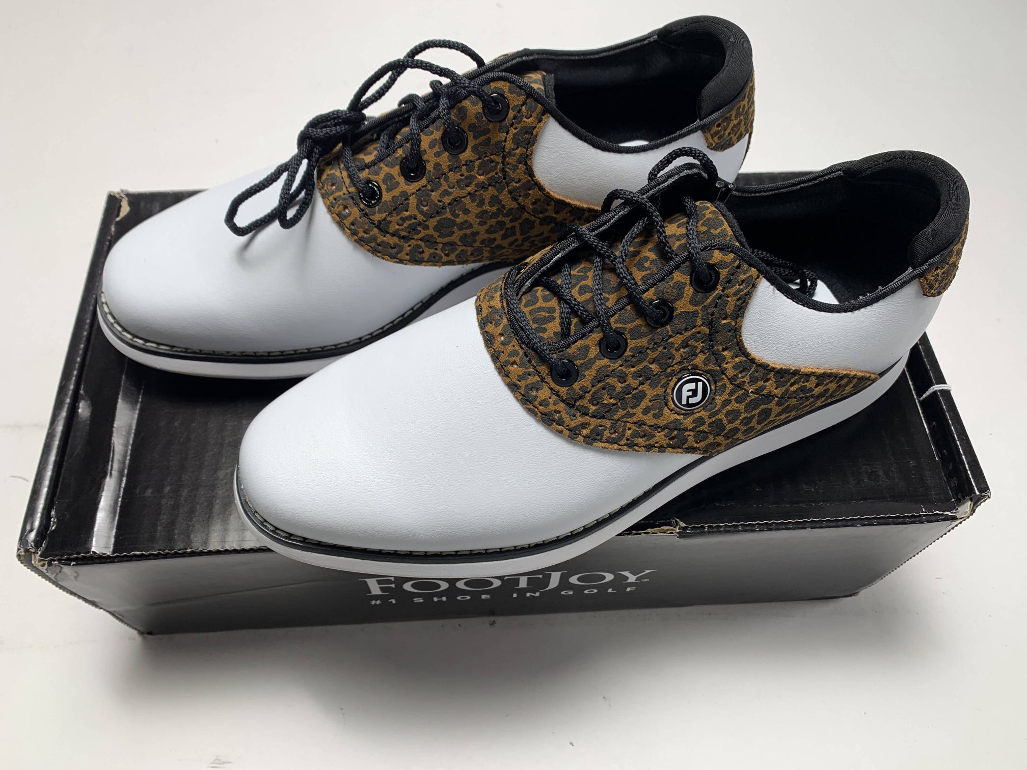 FootJoy FJ Traditions Golf Shoes White Brown Leopard Women's SZ 6.5 (97923)