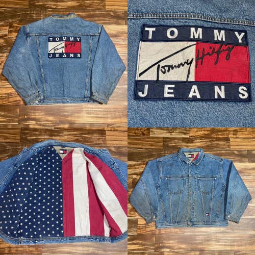 Vintage Tommy Hilfiger Jeans Men's Denim Jacket RARE Size XL Big USA Flag