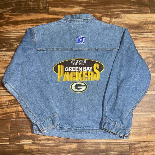 Vintage Green Bay Packers Denim Jean Jacket Pro Elite Embroidered Mens Large