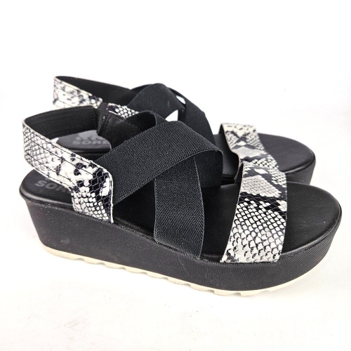 Sorel Cameron Women's Platform Ankle Strap Wedge Sandals Black Snake Size 7.5