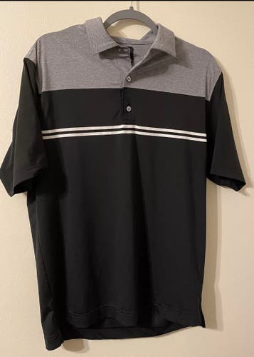 Mens EUC FootJoy Black Gray Striped Golf Polo Shirt Size Medium