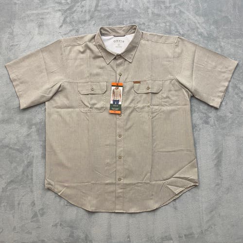 Orvis Tech Shirt Men 2XL Short Sleeve Woven Khaki Flap Pockets Logo Mesh Trail