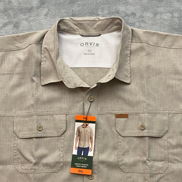 Orvis Tech Shirt Men 2XL Short Sleeve Woven Khaki Flap Pockets Logo Mesh  Trail