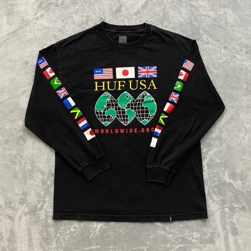HUF Worldwide T Shirt Men Large Black Long Sleeve International Flag Graphics
