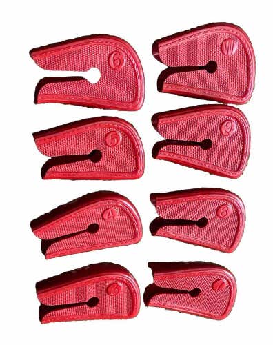 Set of 8 Red Golf Club Iron Headcovers 3-Iron To Pitching Wedge Good Condition