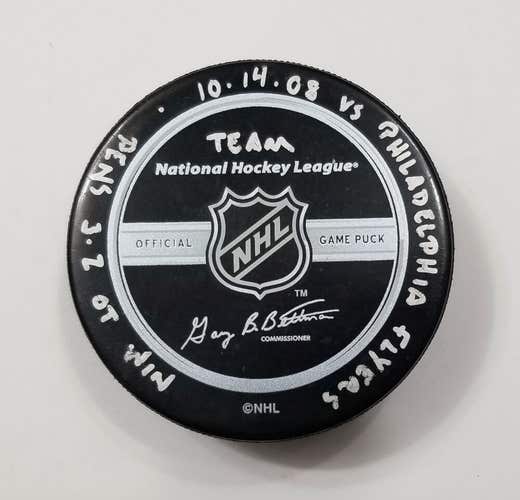 10-14-08 Pittsburgh Penguins vs Flyers Game Used Hockey Puck Fleury Win CUP YEAR