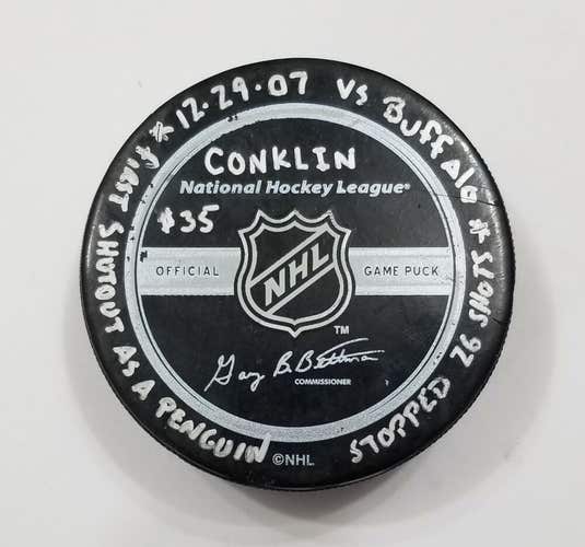 12-29-07 Pittsburgh Penguins vs Sabres Game Used Hockey Puck Conklin 1st Shutout