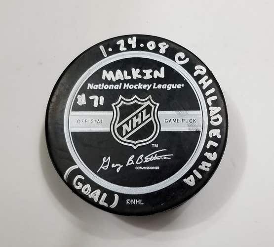 1-24-08 EVGENI MALKIN Pittsburgh Penguins at Flyers NHL Game Used GOAL PUCK