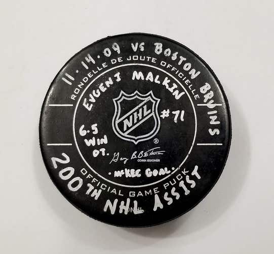 11-14-09 EVGENI MALKIN 200TH NHL ASSIST Penguins Game Used (JAY McKEE GOAL) PUCK