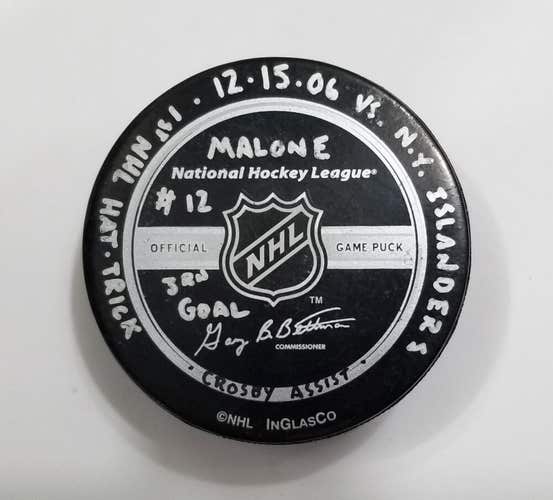 12-15-06 RYAN MALONE 1ST NHL HAT TRICK Penguins vs Islanders Game Used GOAL PUCK