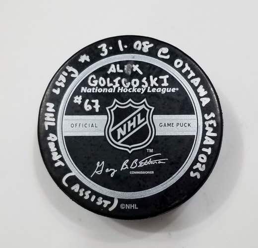 3-1-08 ALEX GOLOGOSKI 1ST NHL POINT Penguins Game Used RYAN MALONE GOAL PUCK