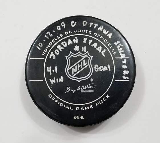 10-12-09 JORDAN STAAL Pittsburgh Penguins at Senators NHL Game Used GOAL PUCK