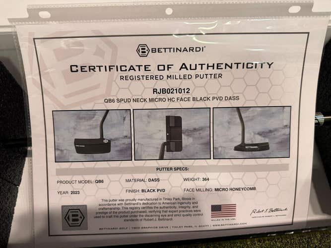 Bettinardi 2023 QB6 DASS Specialty Putter, 35" RH with Certificate of Authentici