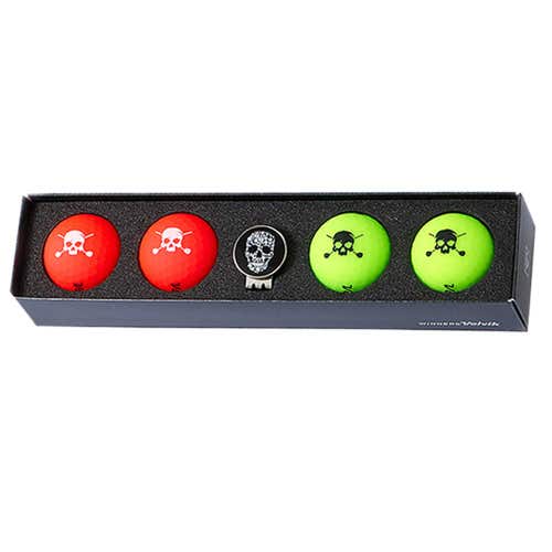Volvik Vivid Skull Edition 2.0 Golf Balls (4pk, Red & Green) w/ Ball Marker NEW
