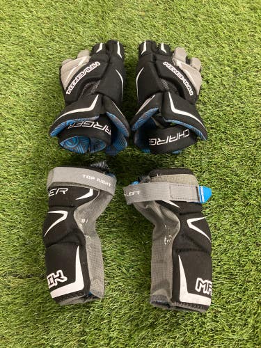 Black Used Maverik Charger Medium Youth Lacrosse Gloves and Arm Pad Bundle