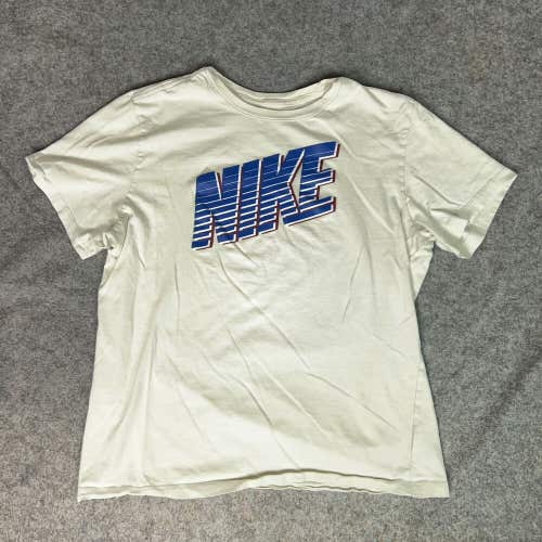 Nike Mens Shirt Large White Blue Tee T Spellout Causal Logo Sports Gym Swoosh