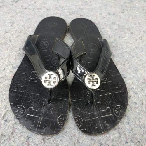 Tory Burch Thora Sandal Womens 6 Black Embossed Patent Leather Flip Flop Thong