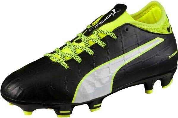 Puma evoTouch 3 FG Jr Youth Soccer Cleat Shoes Black White Safety Yellow SZ 3.5C