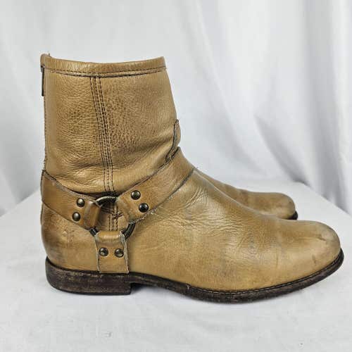 Frye Phillip Harness Womens Size 10 B Tan Leather Zip Ankle Moto Boots 76870