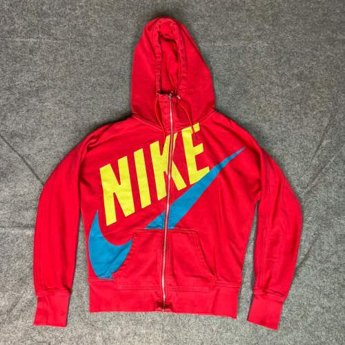 Nike Womens Hoodie Large Red Yellow Zip Sweatshirt Jacket Sweater Spellout Y2K