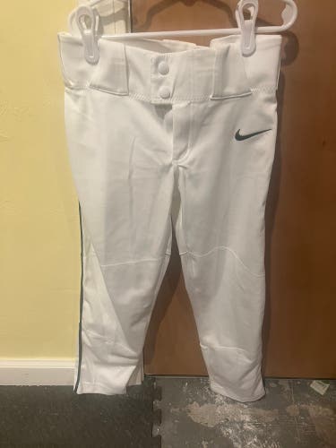 White Used Youth Small Nike Baseball Pants With Green Piping