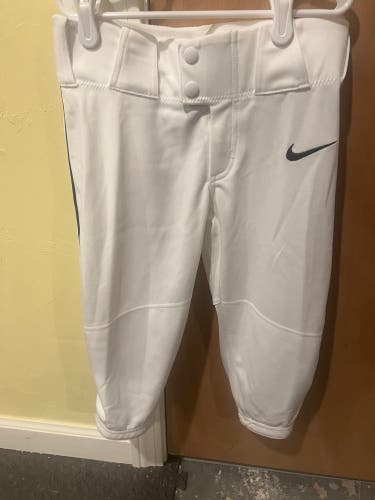 White Used Youth Small High Nike Game Pants With Navy Piping
