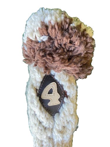 Headcover Vintage Golf 4-Wood Knit Fuzzy Pom-Pom With Embroidered Club Number
