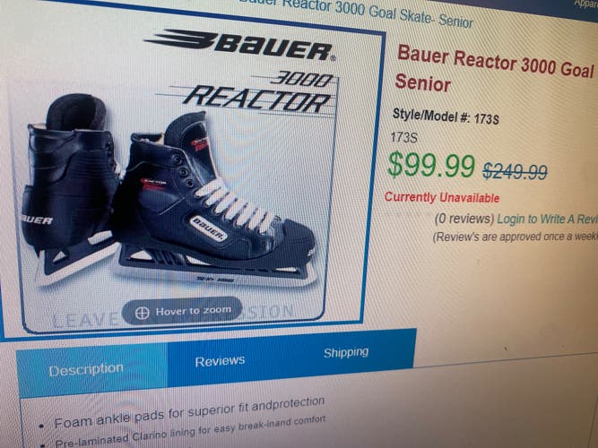 New  Bauer Regular Width Size 6 Reactor 3000 Hockey Goalie Skates